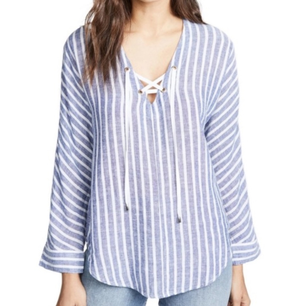 Rails Linen Blend Blue and White Striped Long Sleeve Blouse Size M